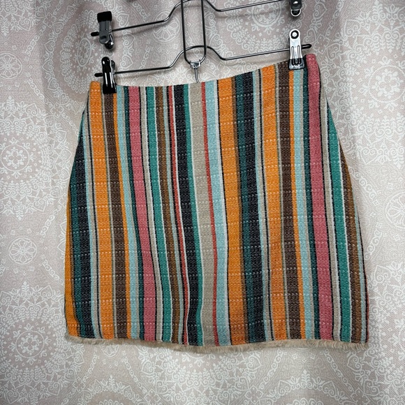 H&M Striped Mini Skirt Colorful Woven Boho Fabric Fringe Hem Size 6 - Picture 1 of 8